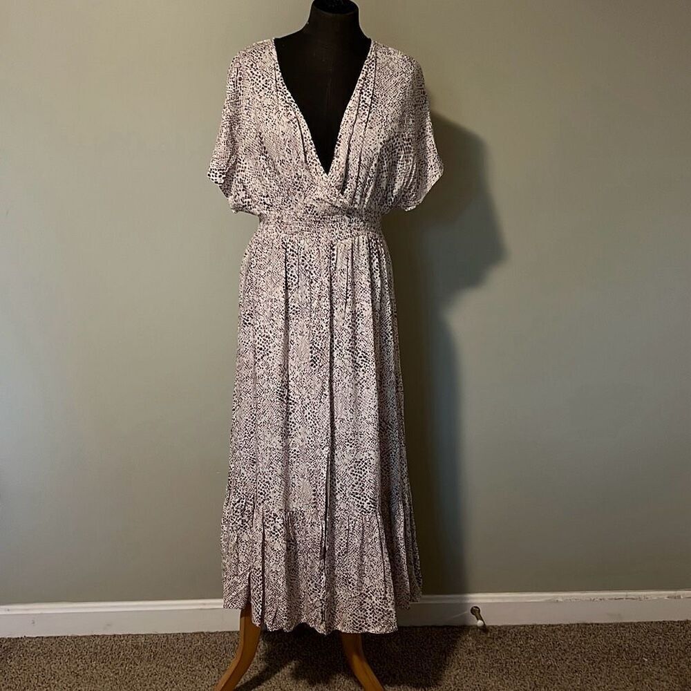 Japna Women's White Brown Faux Wrap Smocked Tiered Maxi Dress Size Medium